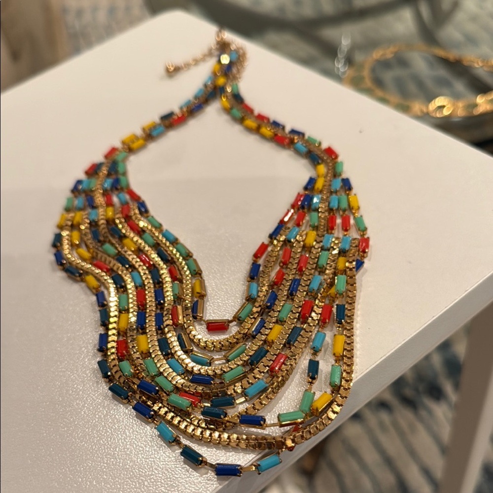 Bright Multi-Colored Multi-Strand Gold Tone Necklace